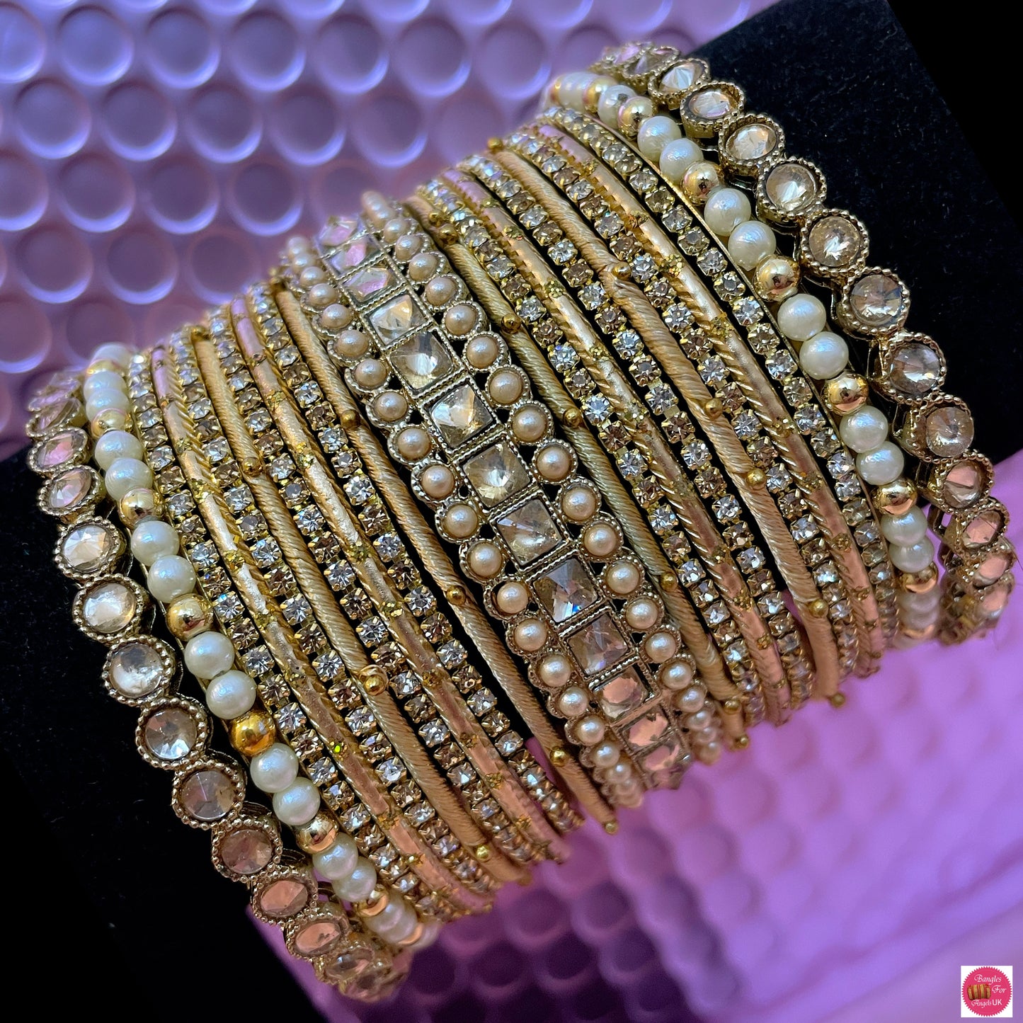 Pearl Kundan Zirconia Thread Bangles Set- Gold