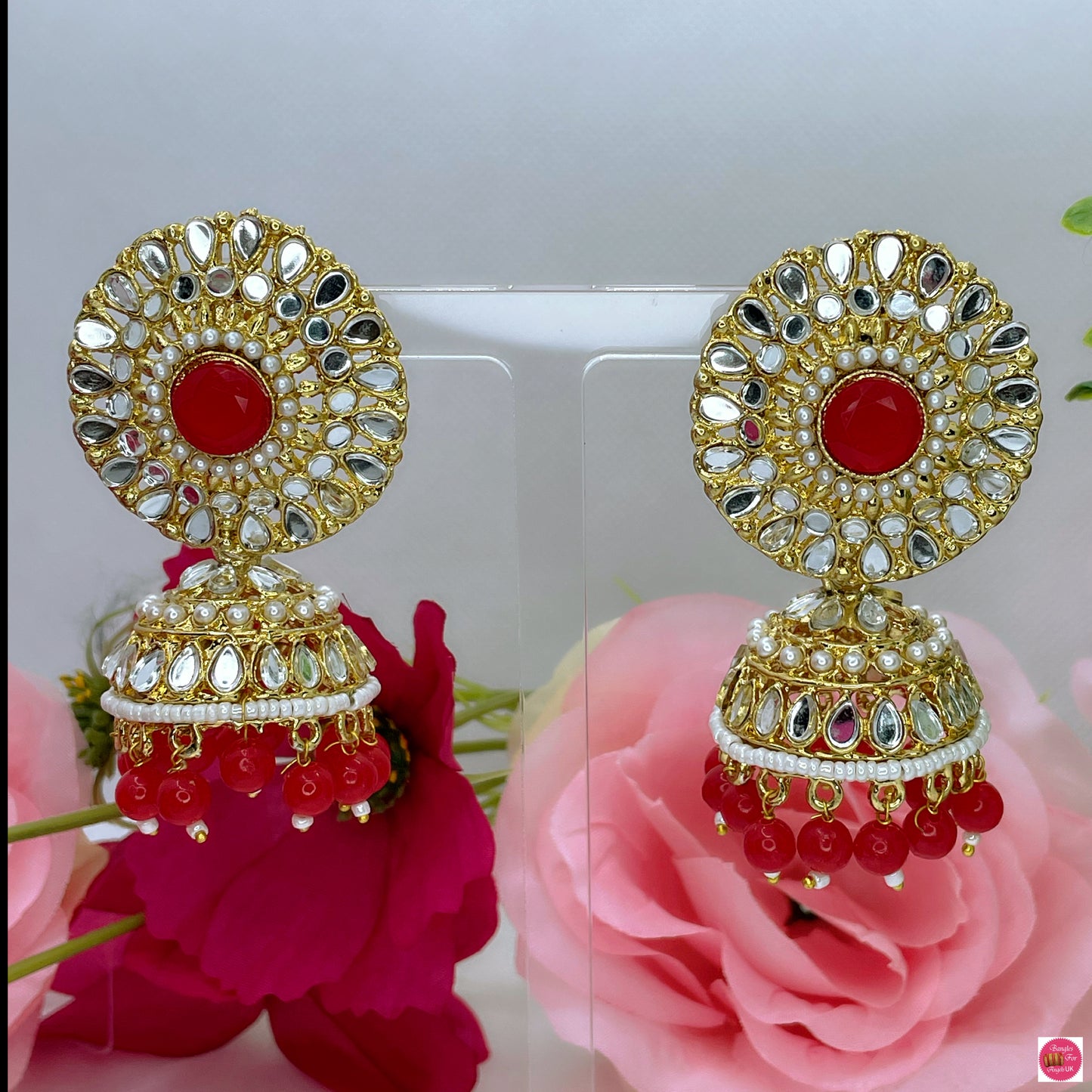 Madhubala Kundan Jhumkas- Red