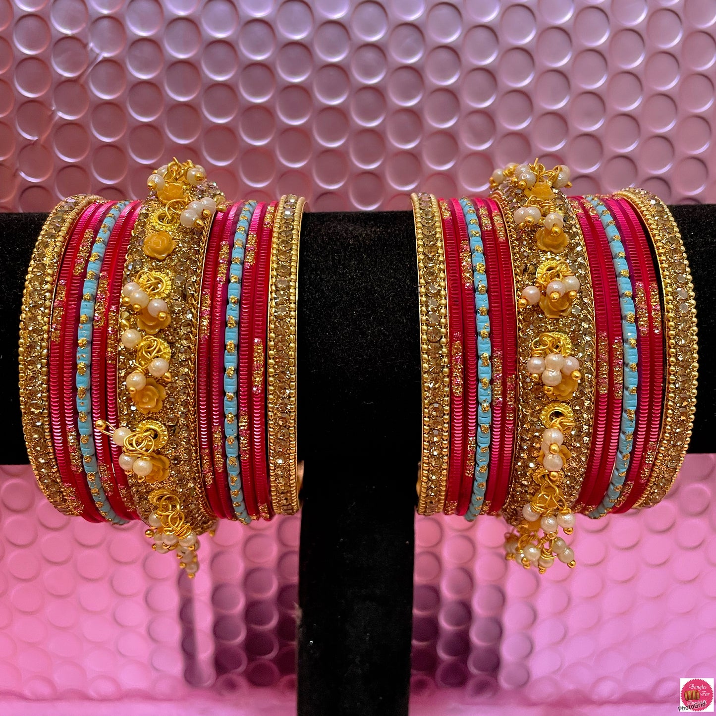 Gold Pearl Metal Bangles Set- Rose Red