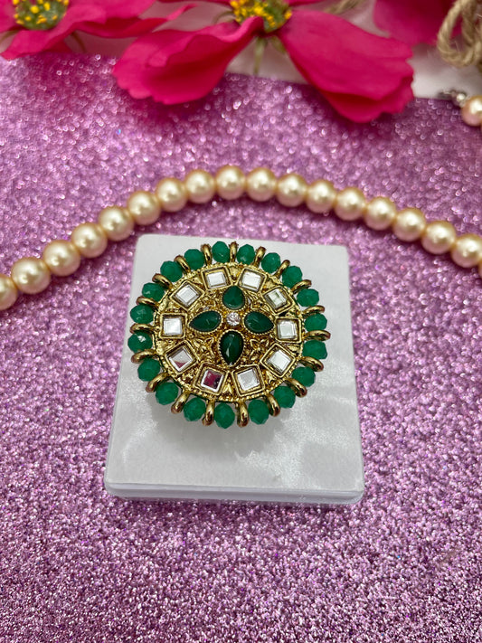 Kundan Adjustable Statement Ring- Green