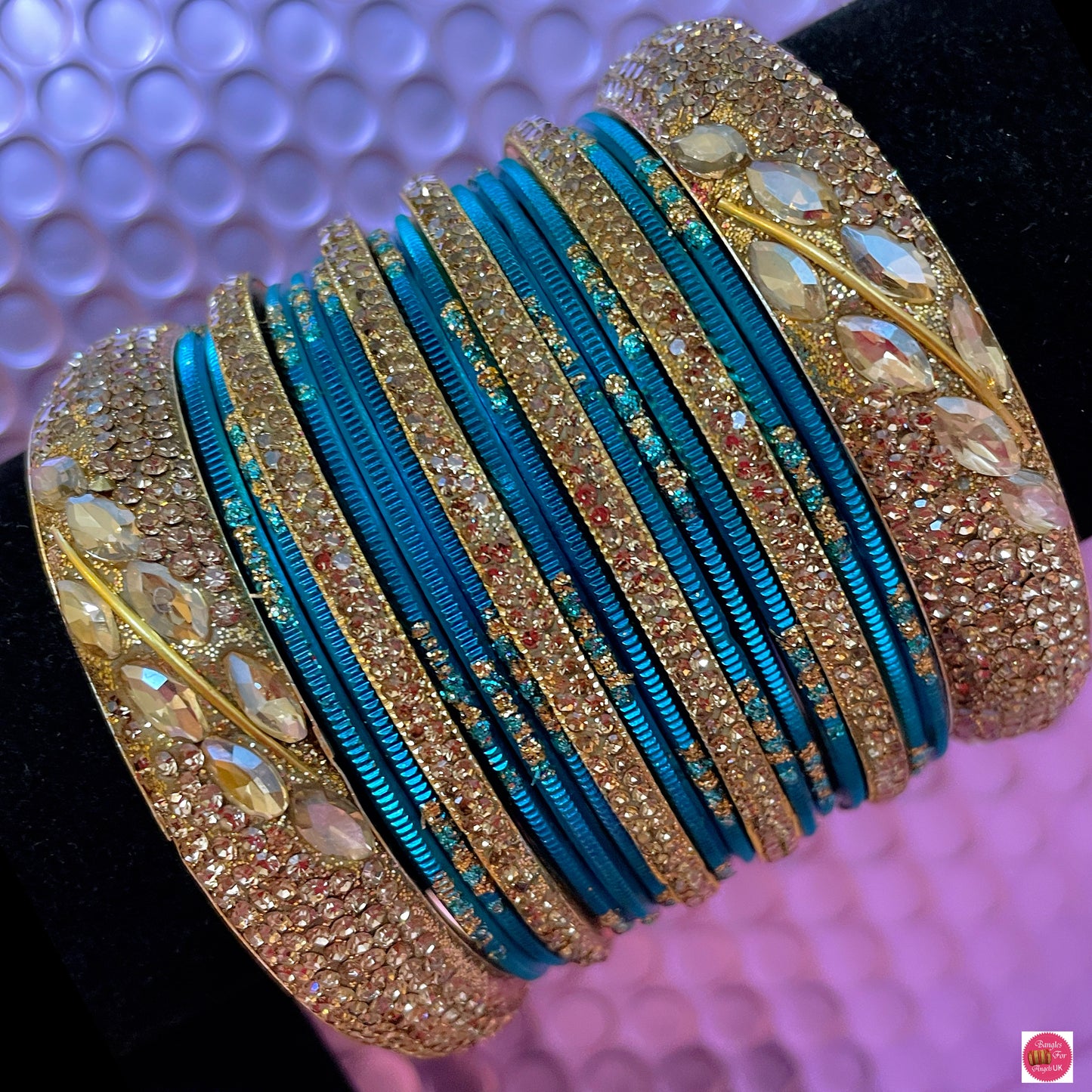 Zirconia Gold Metal Bangle Set- Teal