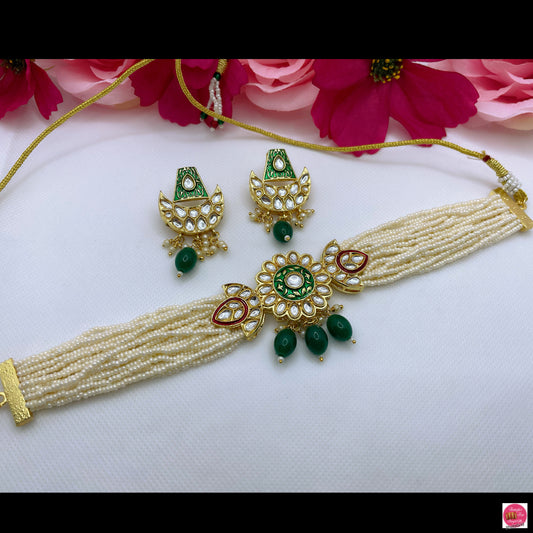 Kundan Pearl Choker & Earings Set- Green