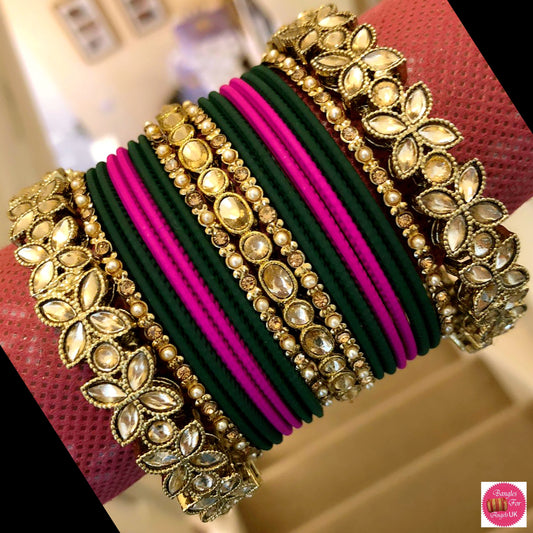 Kundan Metal Bangles Set- Hot Pink/Green