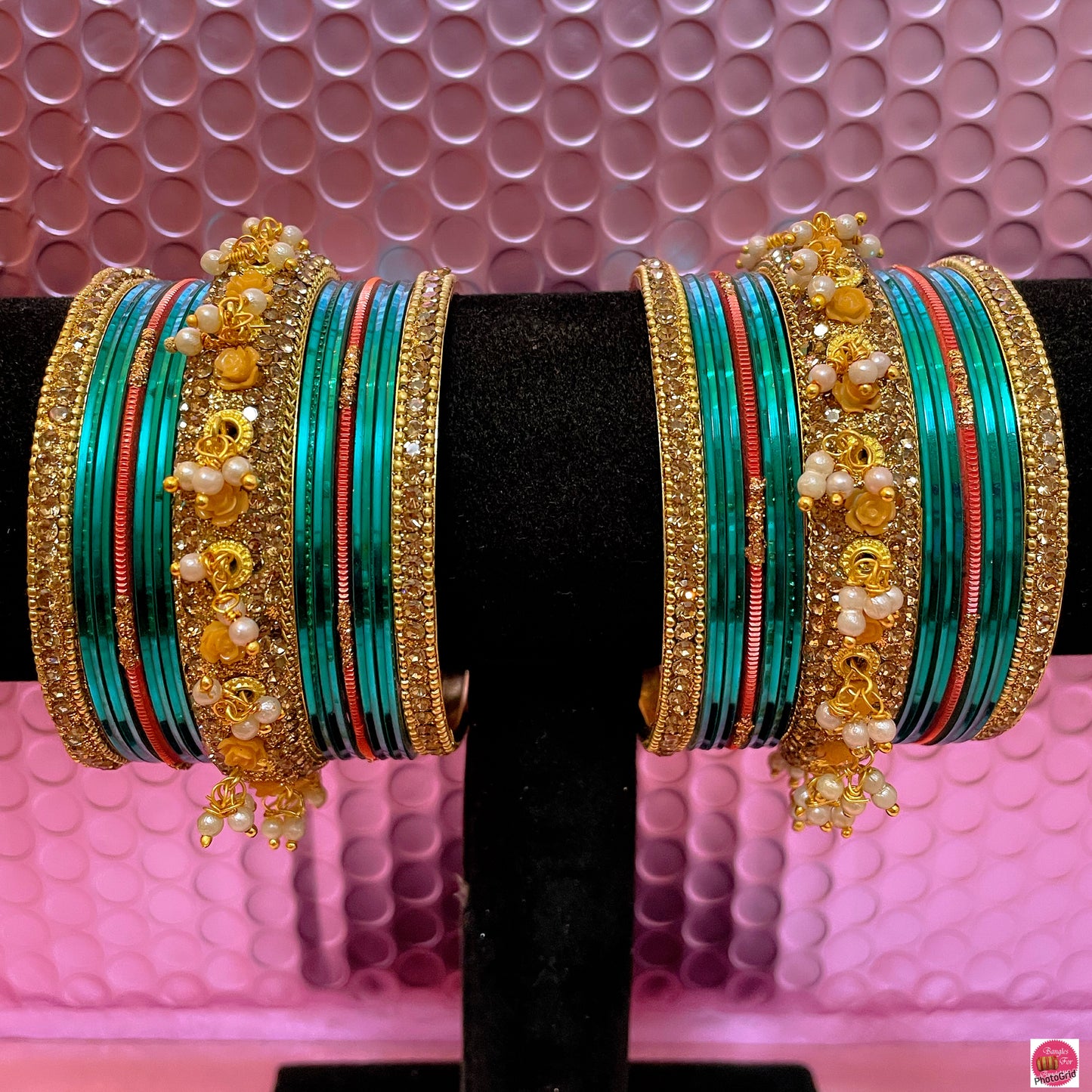 Gold Pearl Metal Bangles Set- Turquoise/Peach