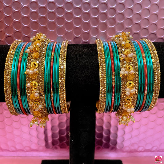 Gold Pearl Metal Bangles Set- Turquoise/Peach