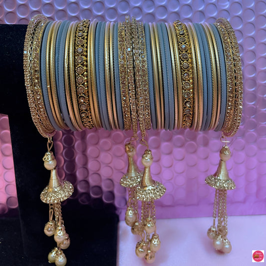 Gold & Grey Zirconia Hangings Metal Bangles Set