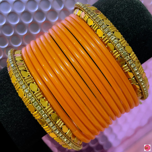 Gold Zirconia Turmeric Yellow Glass Bangles Set- Size 2.10